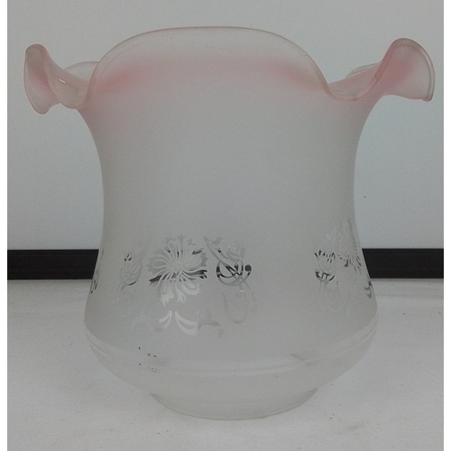 112 - A decorative etched glass oil lamp shade.