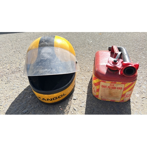 12 - A Kangol full-face motorcycle helmet, yellow with black detailing, clear visor. & vintage Bell “Rag-... 