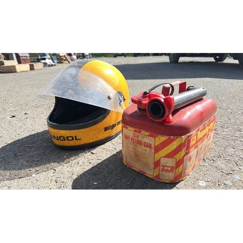 12 - A Kangol full-face motorcycle helmet, yellow with black detailing, clear visor. & vintage Bell “Rag-... 