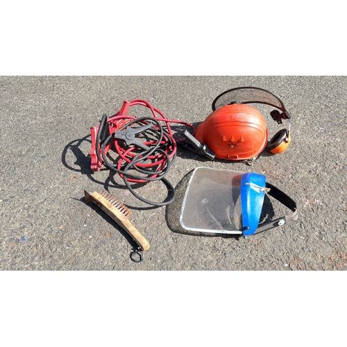 13 - An assortment of items to include an orange forestry safety helmet with ear defenders and mesh visor... 