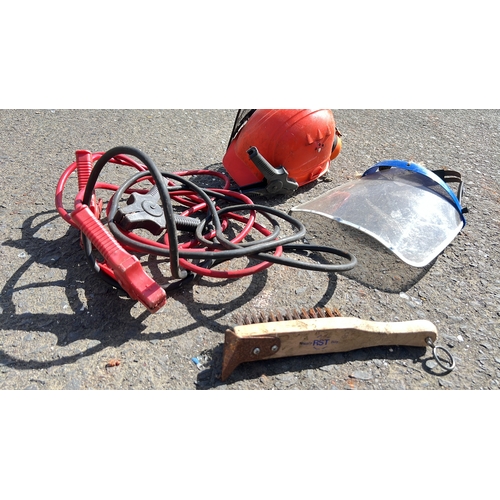 13 - An assortment of items to include an orange forestry safety helmet with ear defenders and mesh visor... 