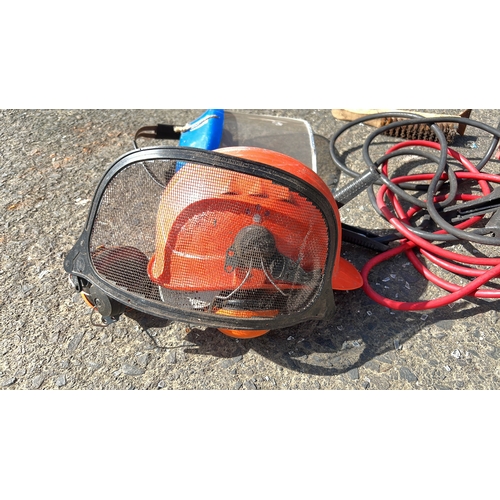 13 - An assortment of items to include an orange forestry safety helmet with ear defenders and mesh visor... 