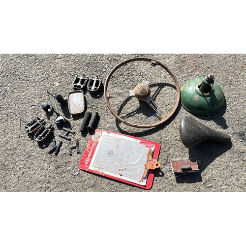 14 - An assortment of items to include bicycle saddle. a three-spoke steering wheel, a green enamel lamp ... 