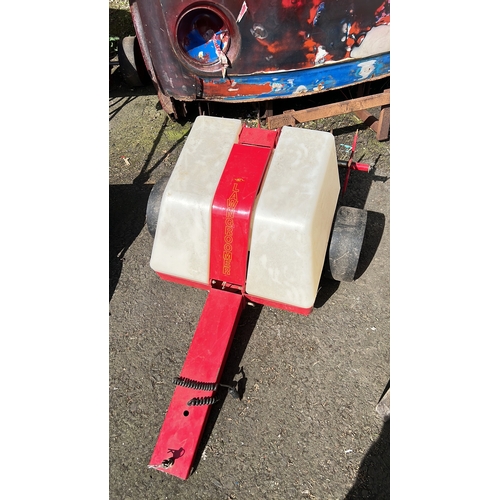 16 - Garden lawn groomer—towed, red-painted steel chassis with twin translucent plastic hoppers, spiked a... 