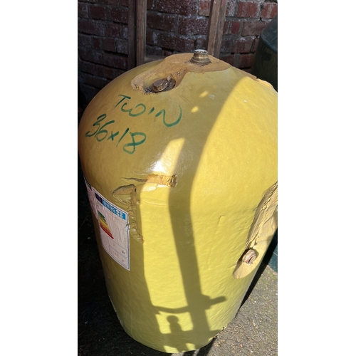 22 - Insulated hot water cylinder tank, of baluster form with yellow outer jacket and exposed threaded fi... 