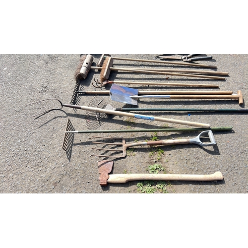 29 - A mixed group of garden tools comprising rakes, spades, shovels, forks, brooms, hoes, a three-prong ... 