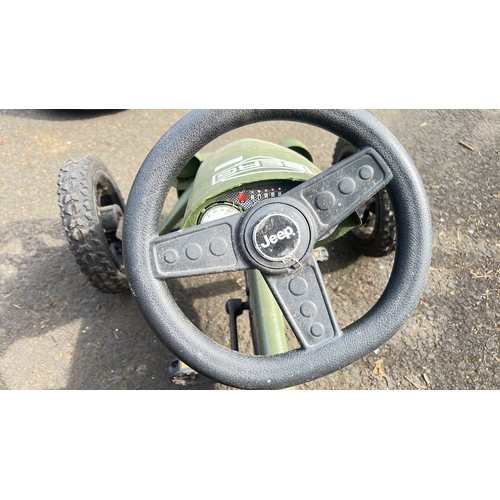 56 - Berg pedal go-kart in Jeep livery—moulded green seat with treaded inserts, three-spoke steering whee... 