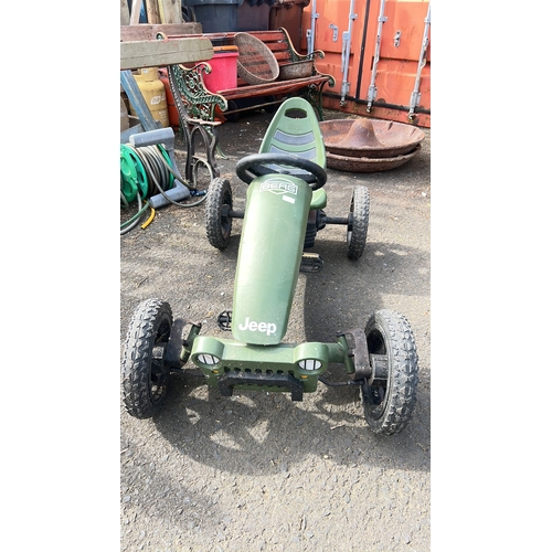 56 - Berg pedal go-kart in Jeep livery—moulded green seat with treaded inserts, three-spoke steering whee... 
