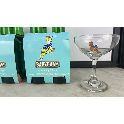 149 - Collection of Babycham, to include 2 four-bottle cartons & pair of vintage glasses.