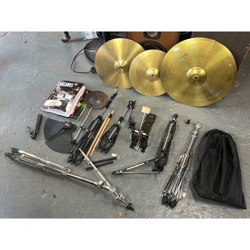 153 - Assorted drum hardware and cymbals including a 20in ride cymbal, two further cymbals, bell and clamp... 