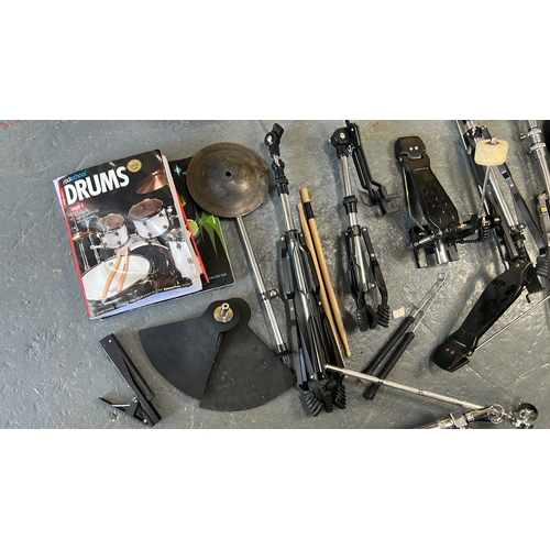 153 - Assorted drum hardware and cymbals including a 20in ride cymbal, two further cymbals, bell and clamp... 