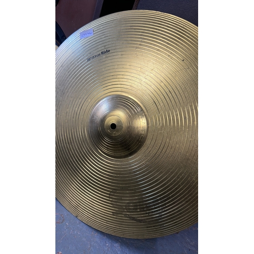 153 - Assorted drum hardware and cymbals including a 20in ride cymbal, two further cymbals, bell and clamp... 