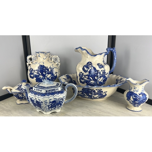 157 - A collection of Blakeney Ironstone blue and white pottery to include wash bowl and jug and a blue an... 