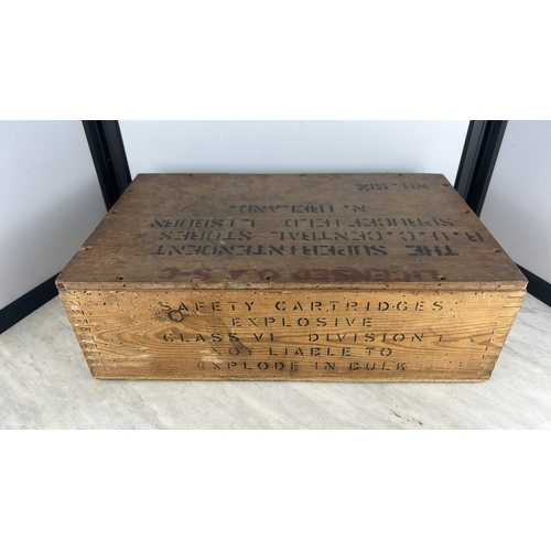 162 - Wood ammunition or stores crate with hinged lid and stencilled markings, including “LICENSED O.A.C.”... 