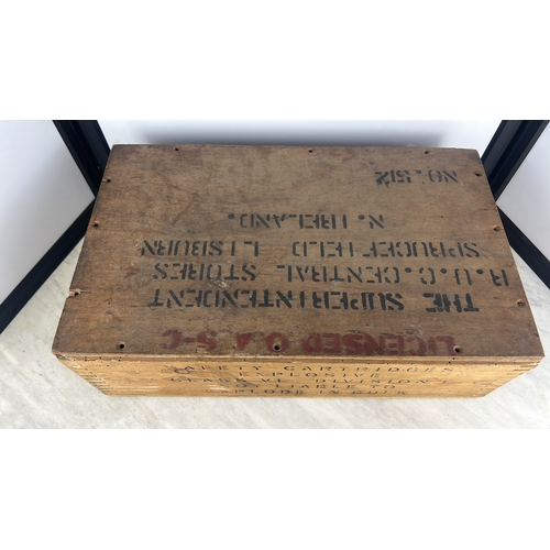 162 - Wood ammunition or stores crate with hinged lid and stencilled markings, including “LICENSED O.A.C.”... 