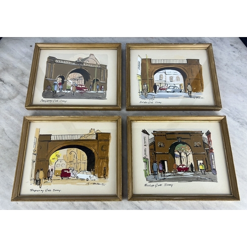 166 - A set of 4 framed street-scene drawing inscribed “Shopway Gate, Derry”, “Shipquay Gate, Derry”, “Bis... 
