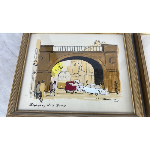 166 - A set of 4 framed street-scene drawing inscribed “Shopway Gate, Derry”, “Shipquay Gate, Derry”, “Bis... 