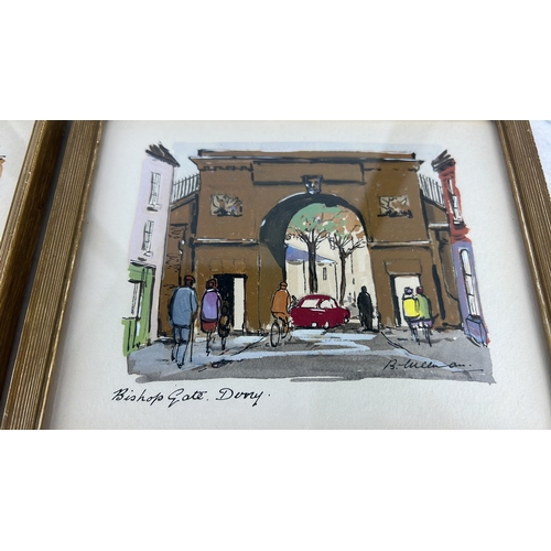 166 - A set of 4 framed street-scene drawing inscribed “Shopway Gate, Derry”, “Shipquay Gate, Derry”, “Bis... 