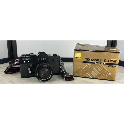 171 - A Petri TTL 35mm SLR camera with Petri lens &  Nikon Sport Lite 10x25 DCF binoculars in original box... 