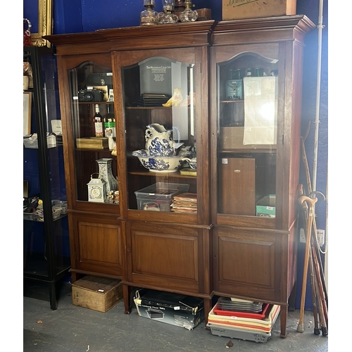 173 - Late Victorian mahogany breakfront bookcase, the cornice above glazed doors enclosing adjustable she... 