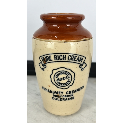 180 - A scarce stoneware cream pot with brown-glazed shoulder, printed 'Pure Rich Cream' and 'Aghadowey Cr... 