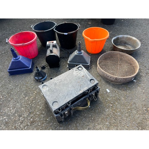 53 - A job lot of plastic buckets, funnels, a vintage garden sieve and more.