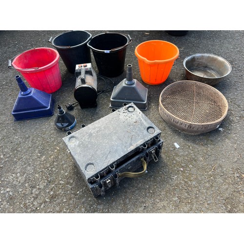 53 - A job lot of plastic buckets, funnels, a vintage garden sieve and more.