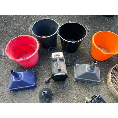 53 - A job lot of plastic buckets, funnels, a vintage garden sieve and more.