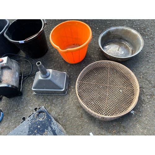 53 - A job lot of plastic buckets, funnels, a vintage garden sieve and more.