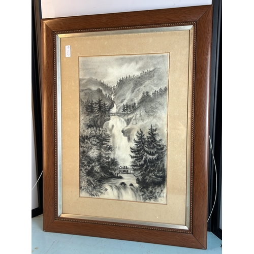 20th century charcoal drawing on paper — mountainous waterfall ...
