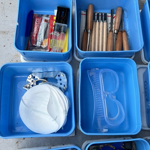 44 - A mixed lot of workshop sundries including wood-handled carving tools, staple guns, assorted hardwar... 
