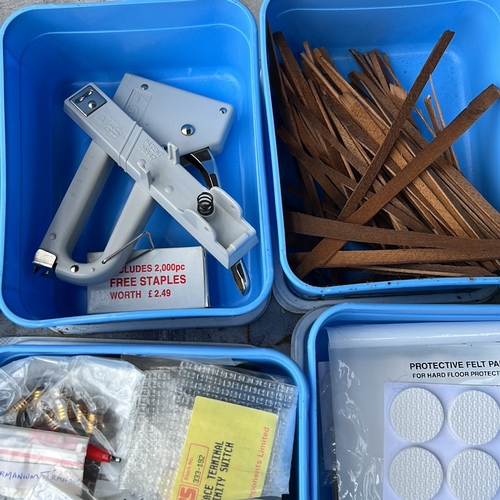 44 - A mixed lot of workshop sundries including wood-handled carving tools, staple guns, assorted hardwar... 