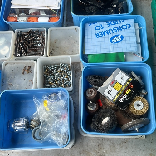 46 - An assortment of workshop and DIY sundries, including mixed screws and fixings, abrasive wire wheels... 