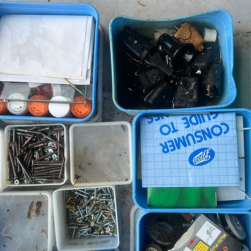 46 - An assortment of workshop and DIY sundries, including mixed screws and fixings, abrasive wire wheels... 