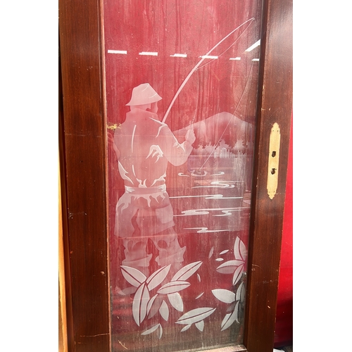 49 - Glazed wooden interior door, the single pane etched with an angler fishing before a lakeside landsca... 