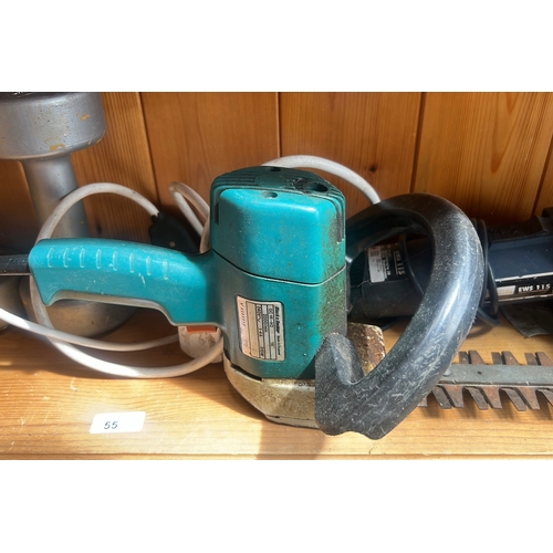 55 - A quantity of workshop and garden tools including a Black & Decker hedge trimmer with steel cutter b... 