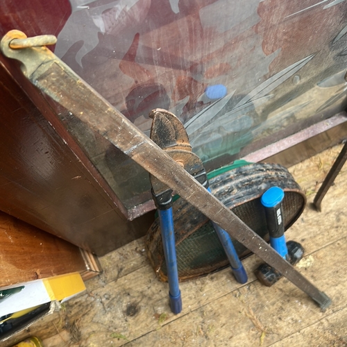 60 - A group of garden and workshop tools comprising long-handled loppers with blue grips, a Real Steel c... 
