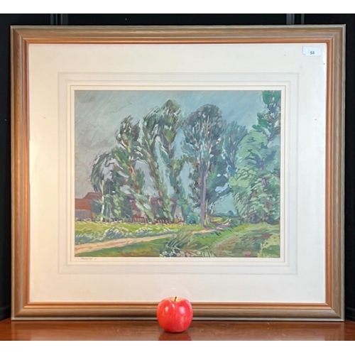 Gouache on paper depicting a tree-lined rural path with cottages beyond ...