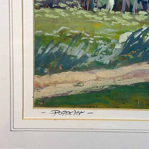 Gouache on paper depicting a tree-lined rural path with cottages beyond ...