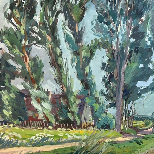 Gouache on paper depicting a tree-lined rural path with cottages beyond ...