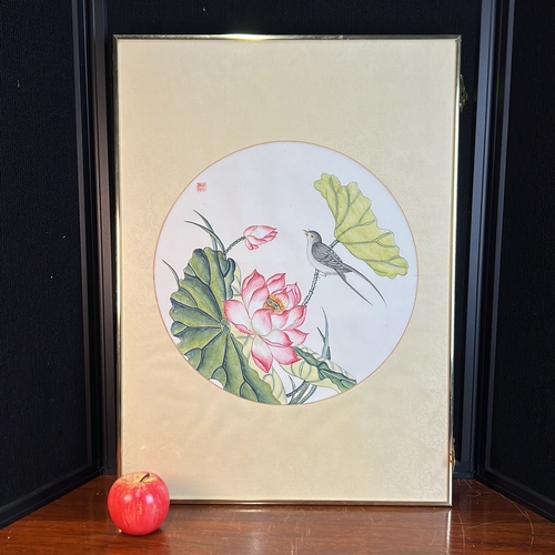 Chinese School, ink and colour on paper — a bird perched beside a lotus ...