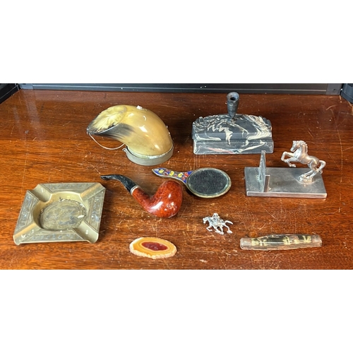 A group of desk accessories and small collectibles, including a marble ...