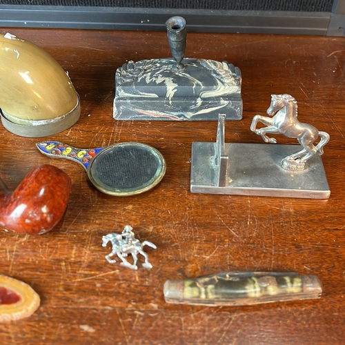 A group of desk accessories and small collectibles, including a marble ...