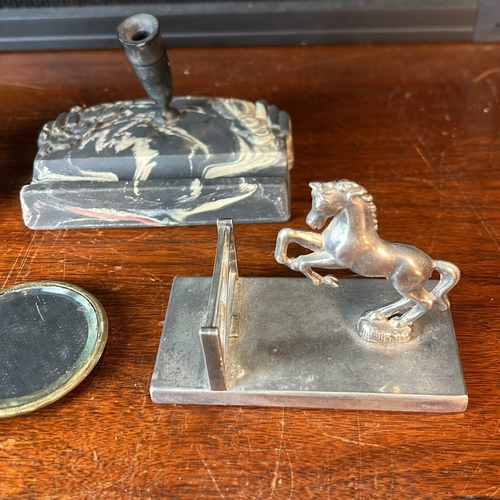 A group of desk accessories and small collectibles, including a marble ...