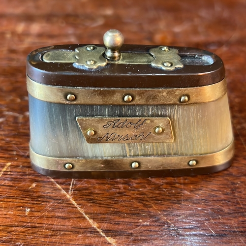 Horn snuff box of oblong form, with brass bands, a sliding catch with ...