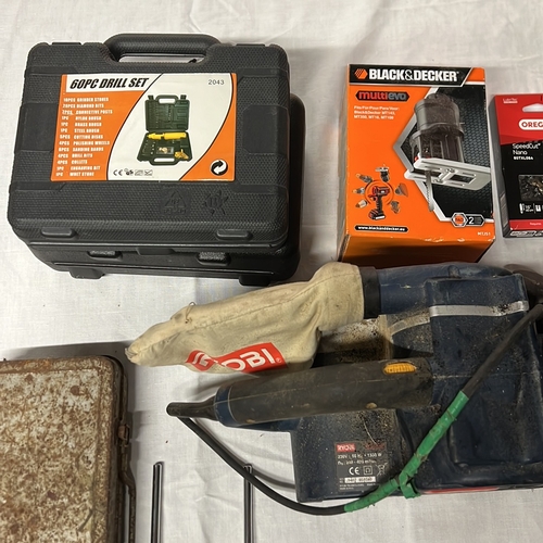A group of workshop tools and accessories, including a Ryobi EBS-1310V ...