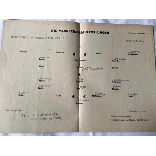 43 - 1974 East Germany v England rare away programme, pre World Cup friendly. Punch holes and Team change... 