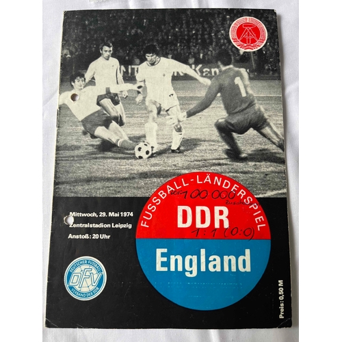 43 - 1974 East Germany v England rare away programme, pre World Cup friendly. Punch holes and Team change... 