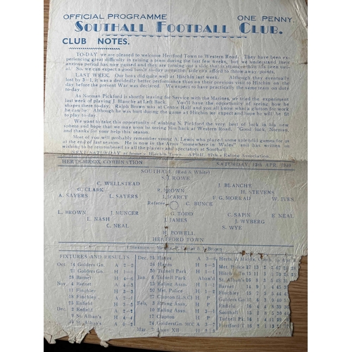 62 - 1939/40 Southall v Hertford Town, Herts-Middx Combination, Single sheet, parts missing of front cove... 