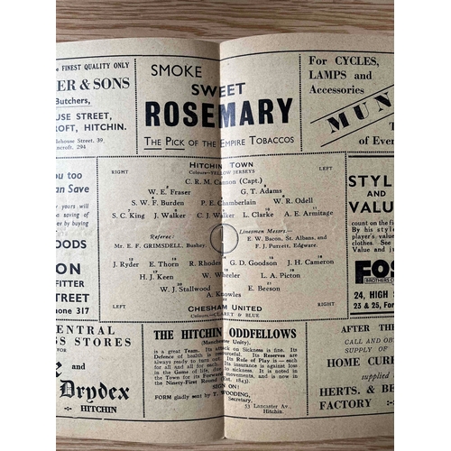 63 - 1934/35, Hitchin v Chesham United Spartan League, Tears on crease across middle, but still in good c... 